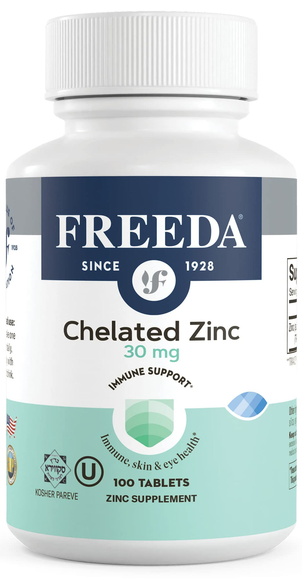 Freeda Chelated Zinc 30mg bottle front with TRAACS Bisglycinate