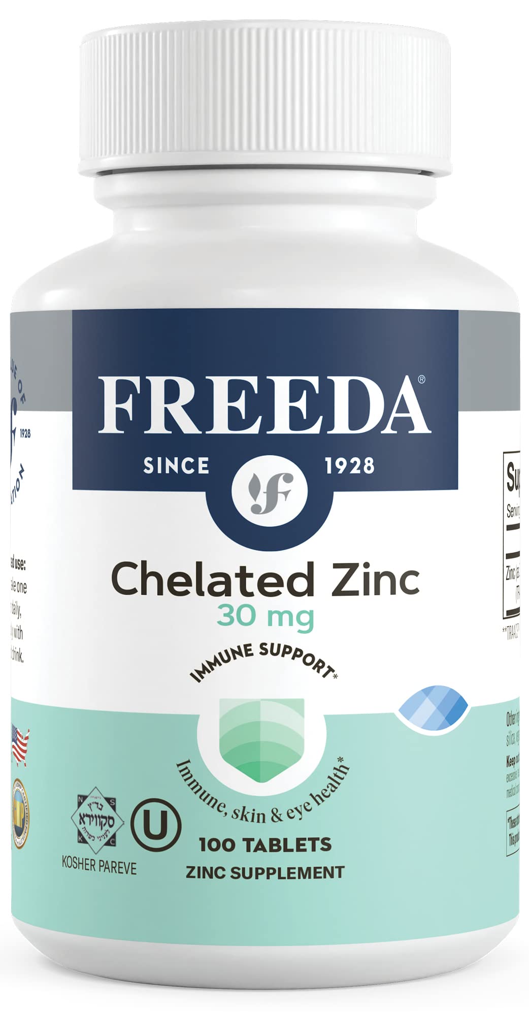 Freeda Chelated Zinc 30mg bottle front with TRAACS Bisglycinate