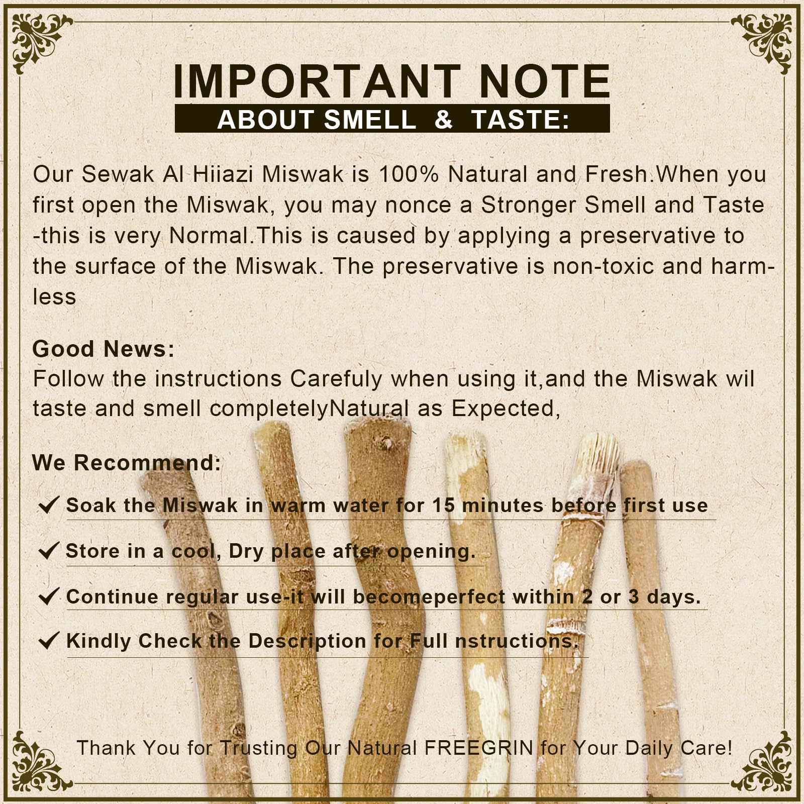 Pack of 12 natural Miswak sticks from FREEGRIN for oral care