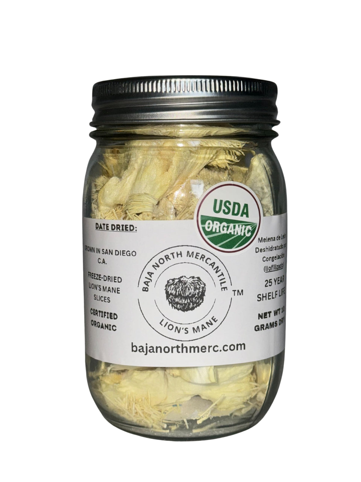 Vacuum-sealed jar of freeze-dried Lion's Mane mushroom with label