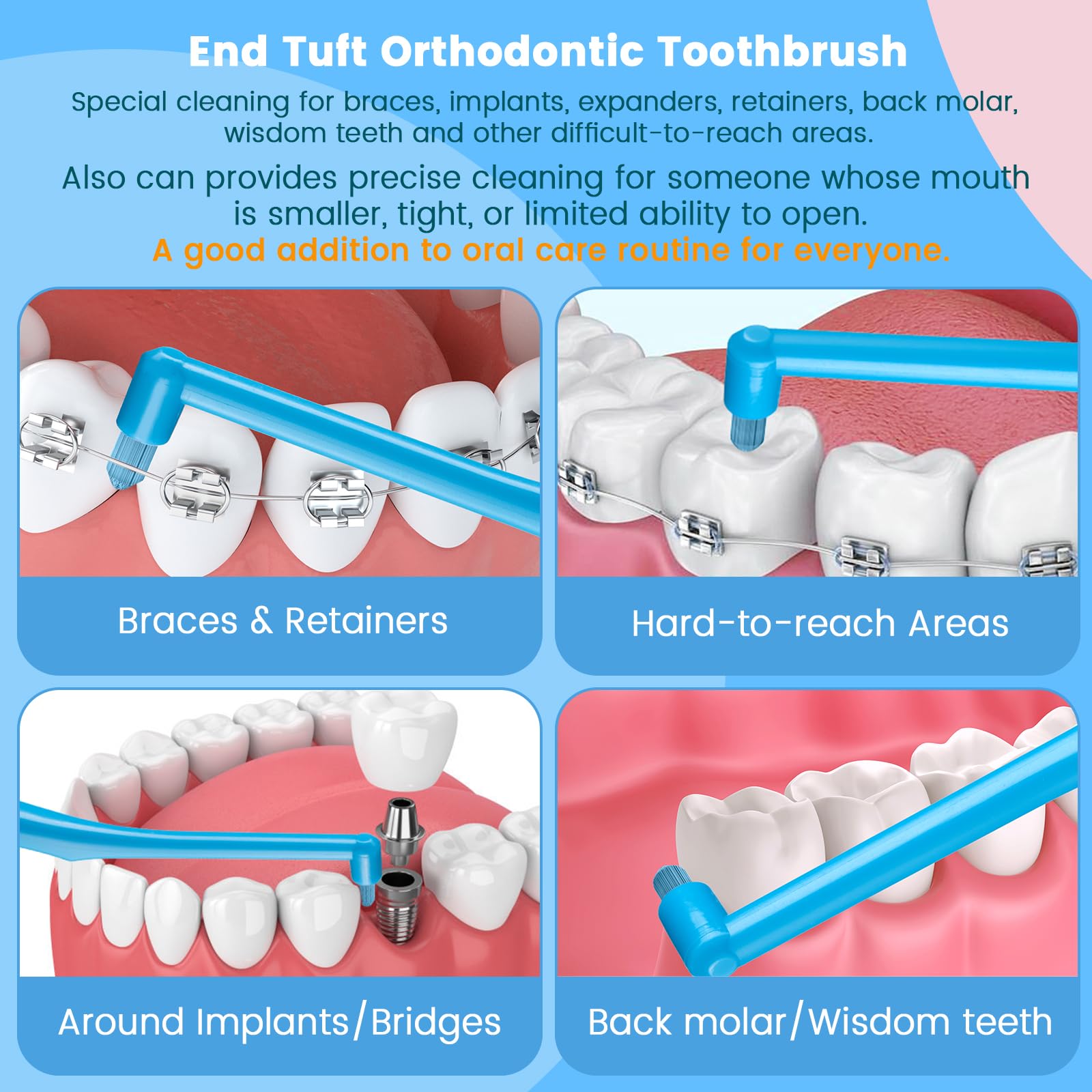 Angled head reaching under braces and between teeth