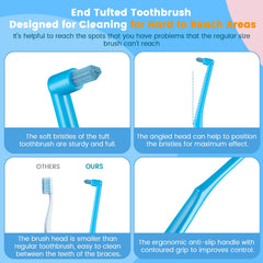 Six colorful end tuft toothbrushes with protective covers