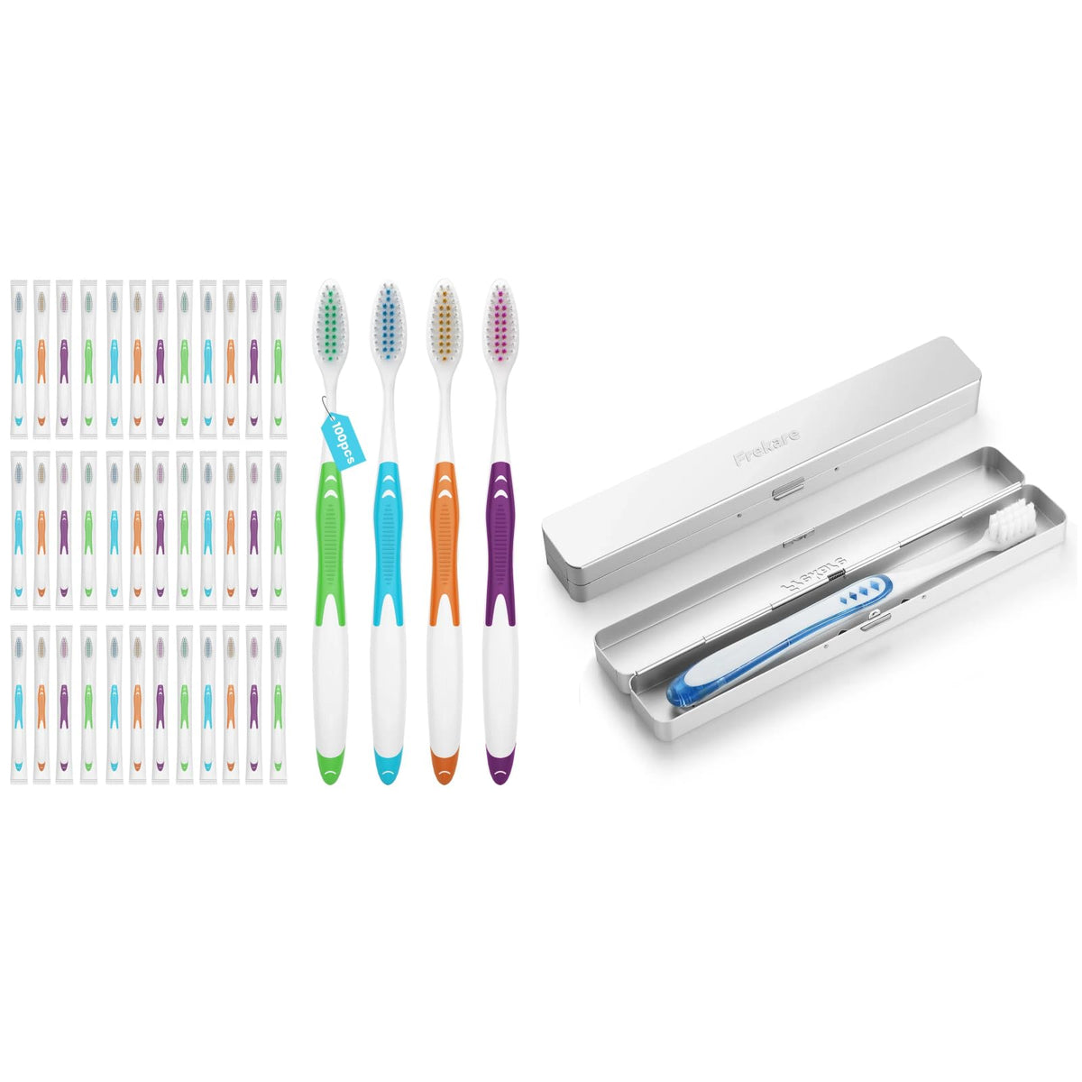 Frekare 100-pack bulk toothbrushes in assorted colors