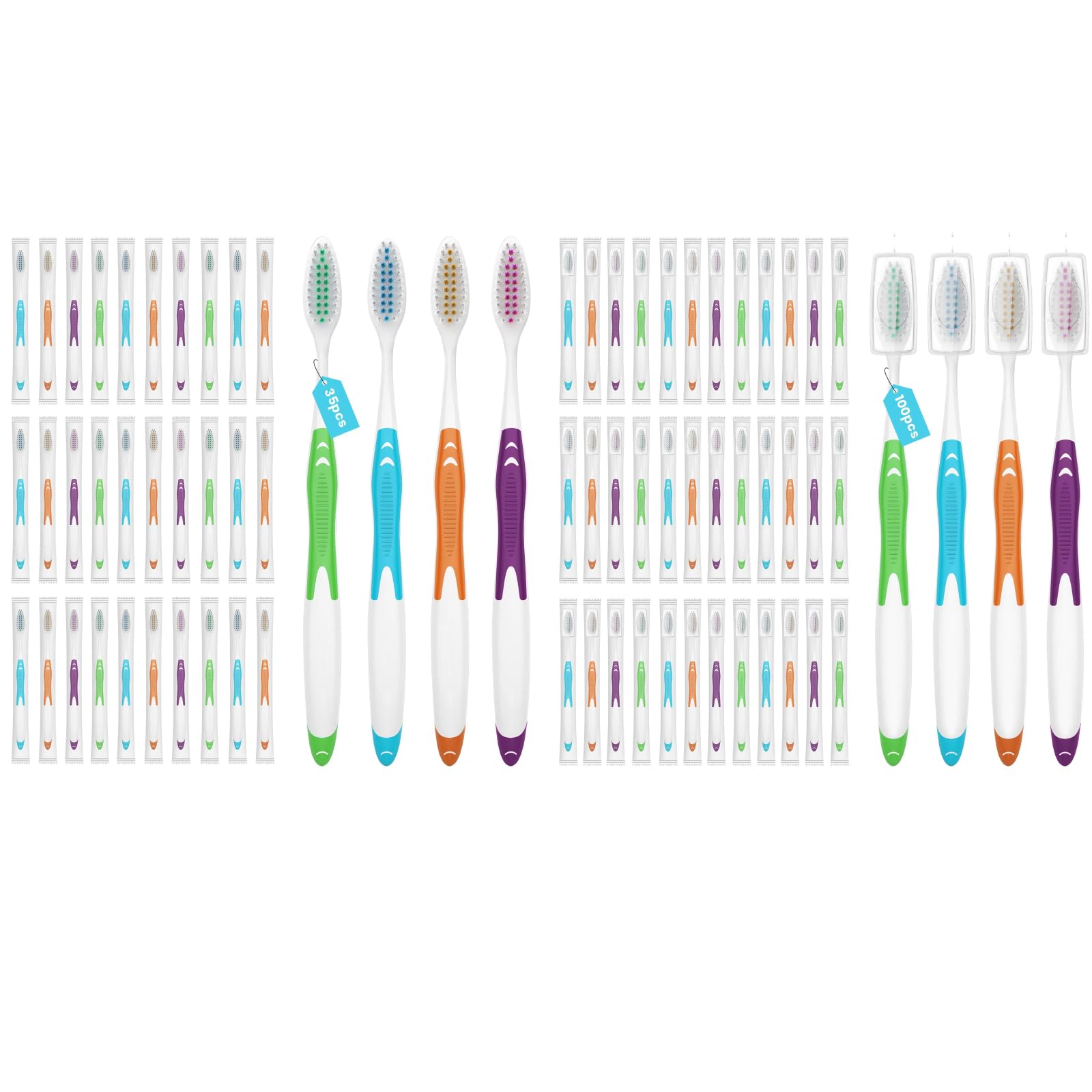 Frekare 35-pack bulk toothbrushes and 100-pack with covers displayed together
