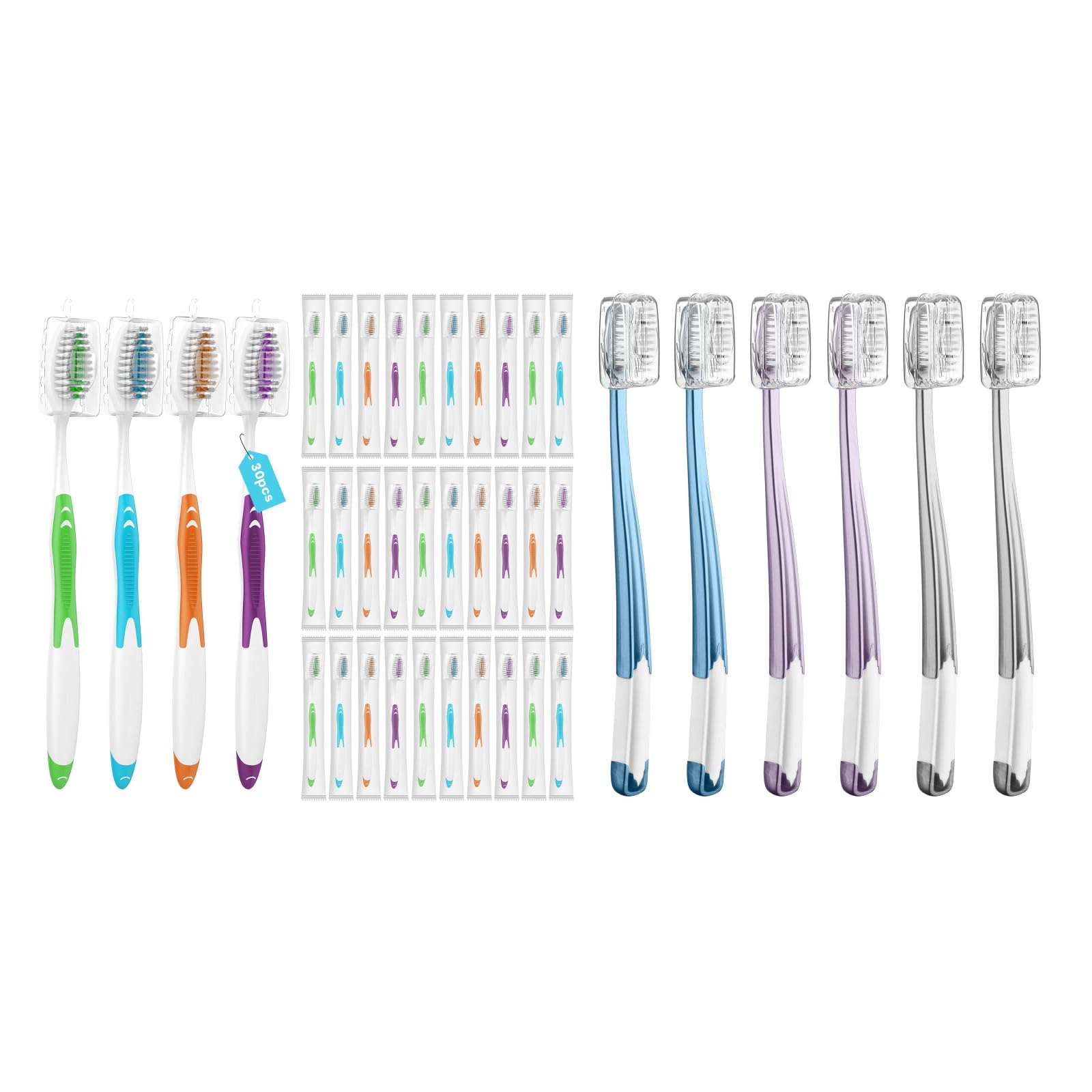 Front view of Frekare disposable toothbrushes 30-pack