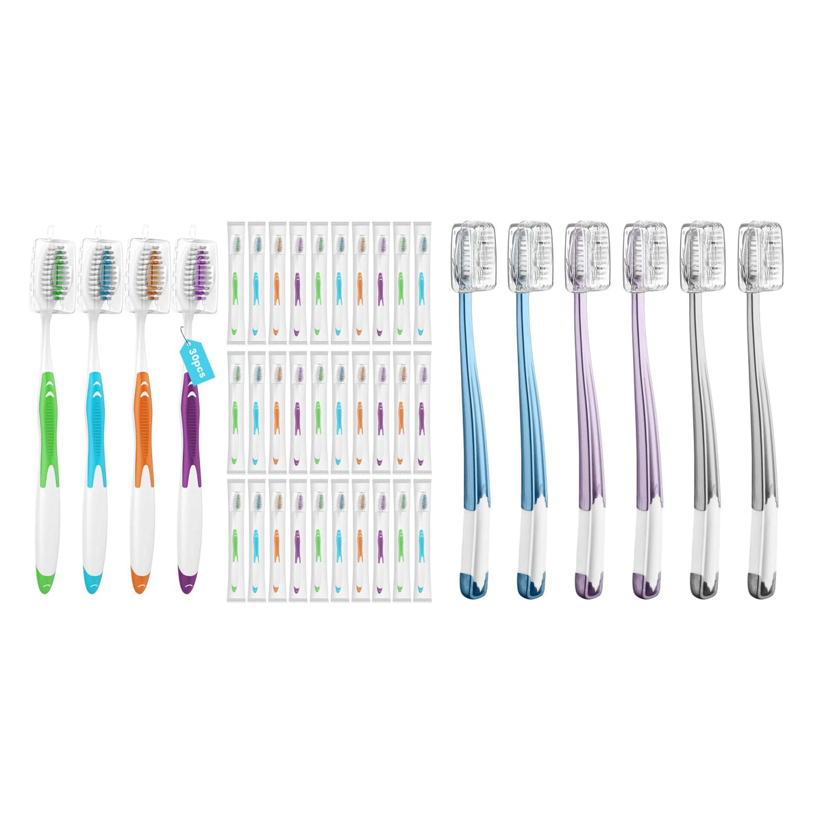 Front view of Frekare disposable toothbrushes 30-pack