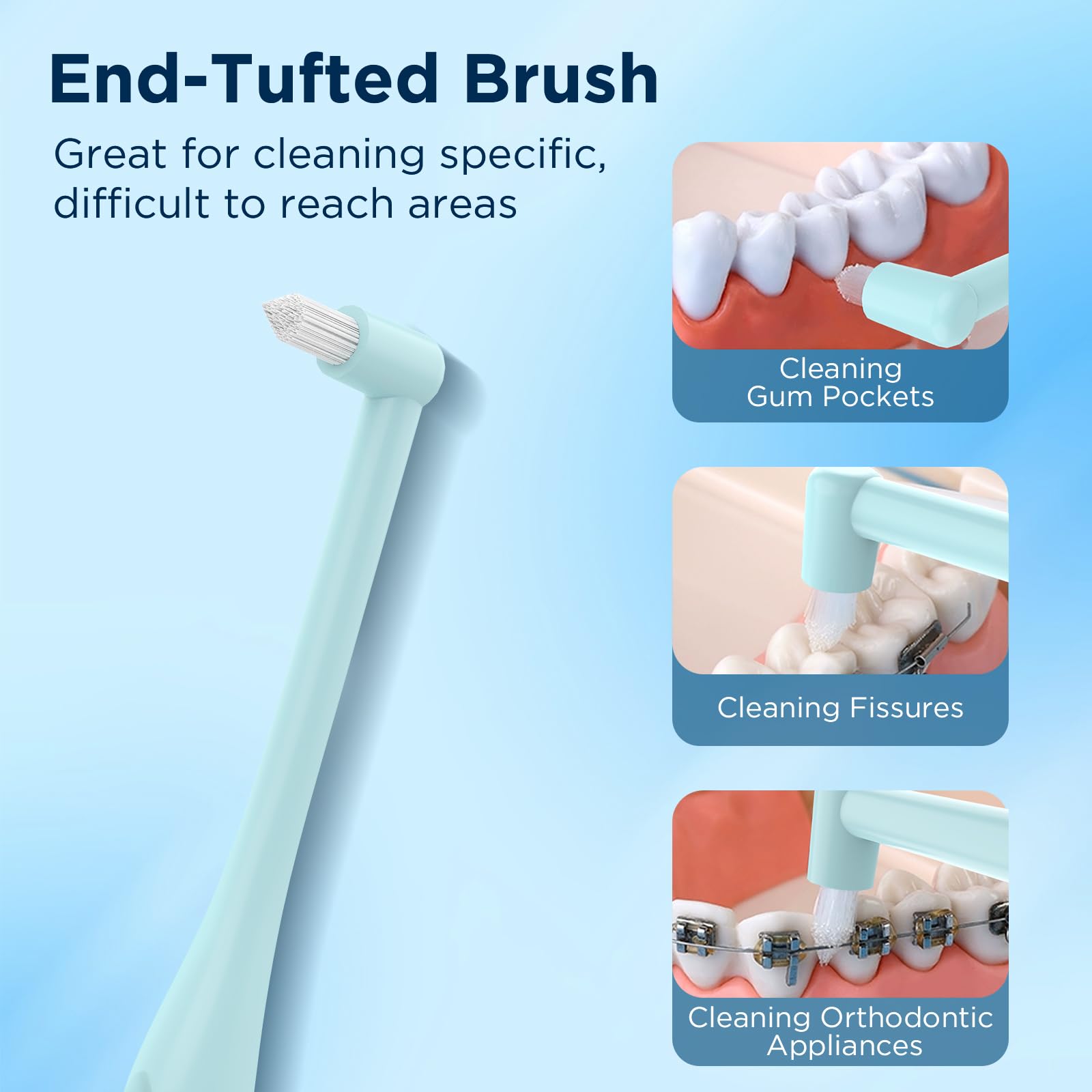 Close-up of end tuft toothbrush head designed for hard-to-reach areas