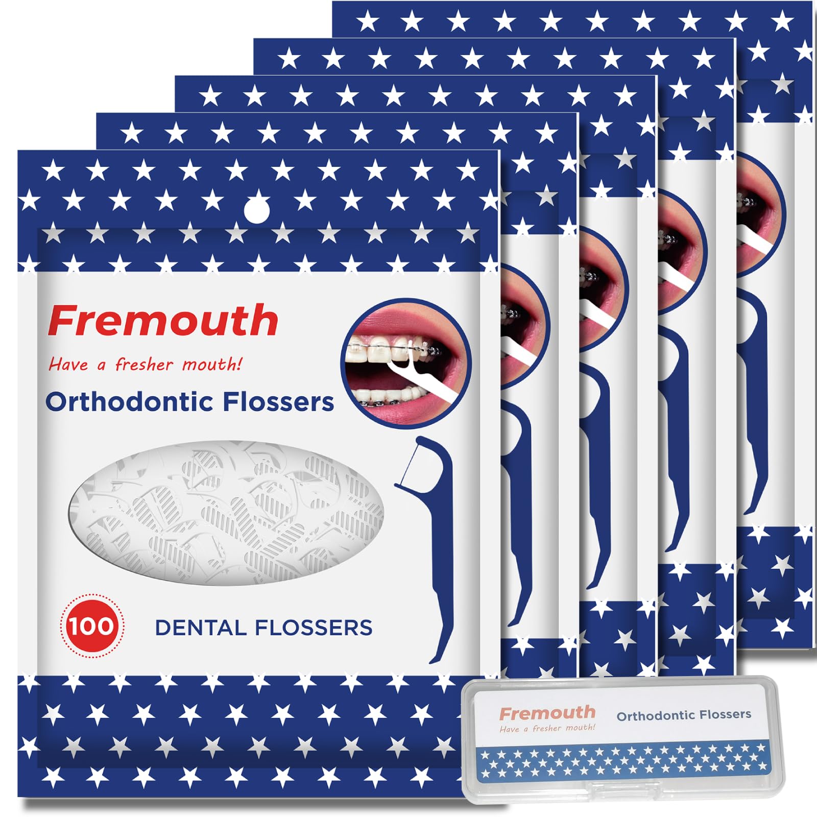 Front view of Fremouth Orthodontic Flossers with travel case
