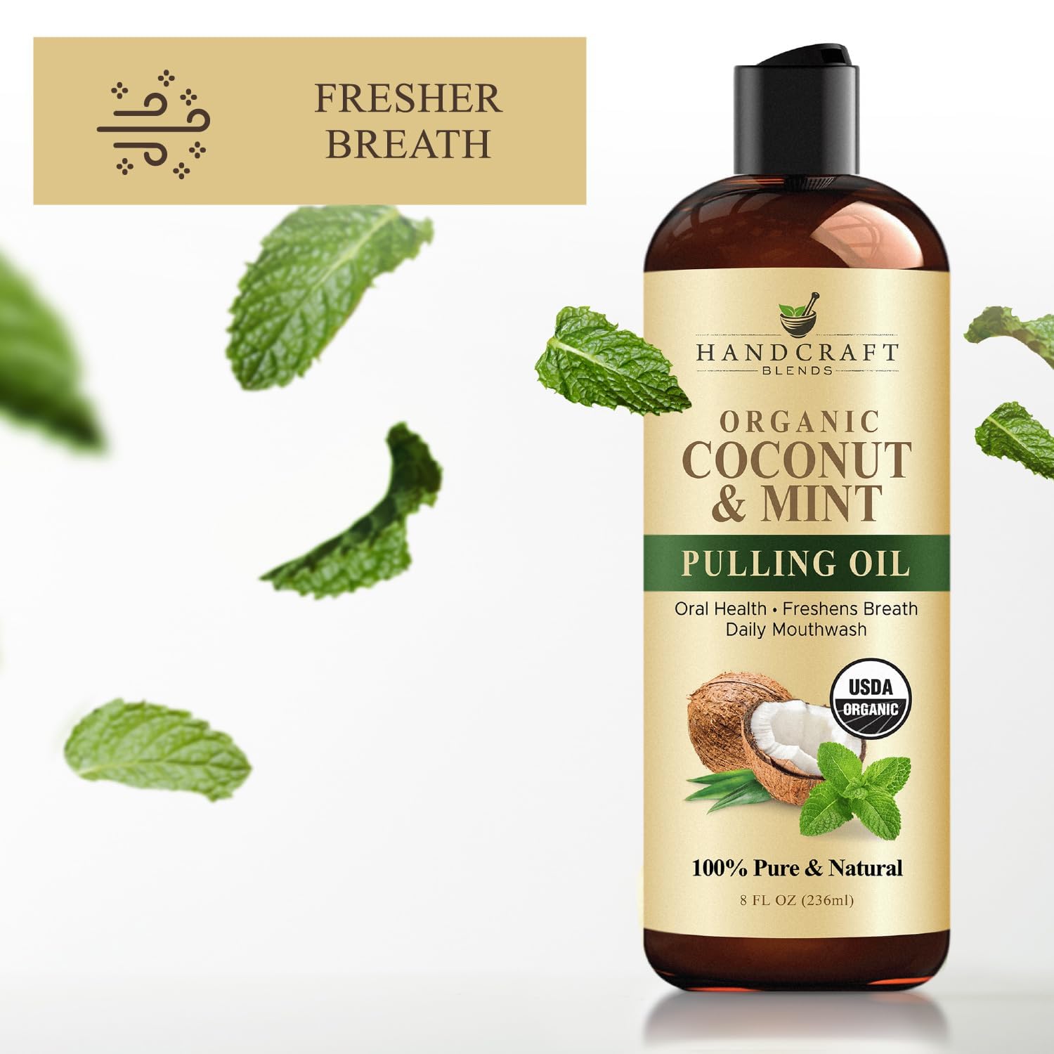 Fresh breath with peppermint coconut oil pulling mouthwash