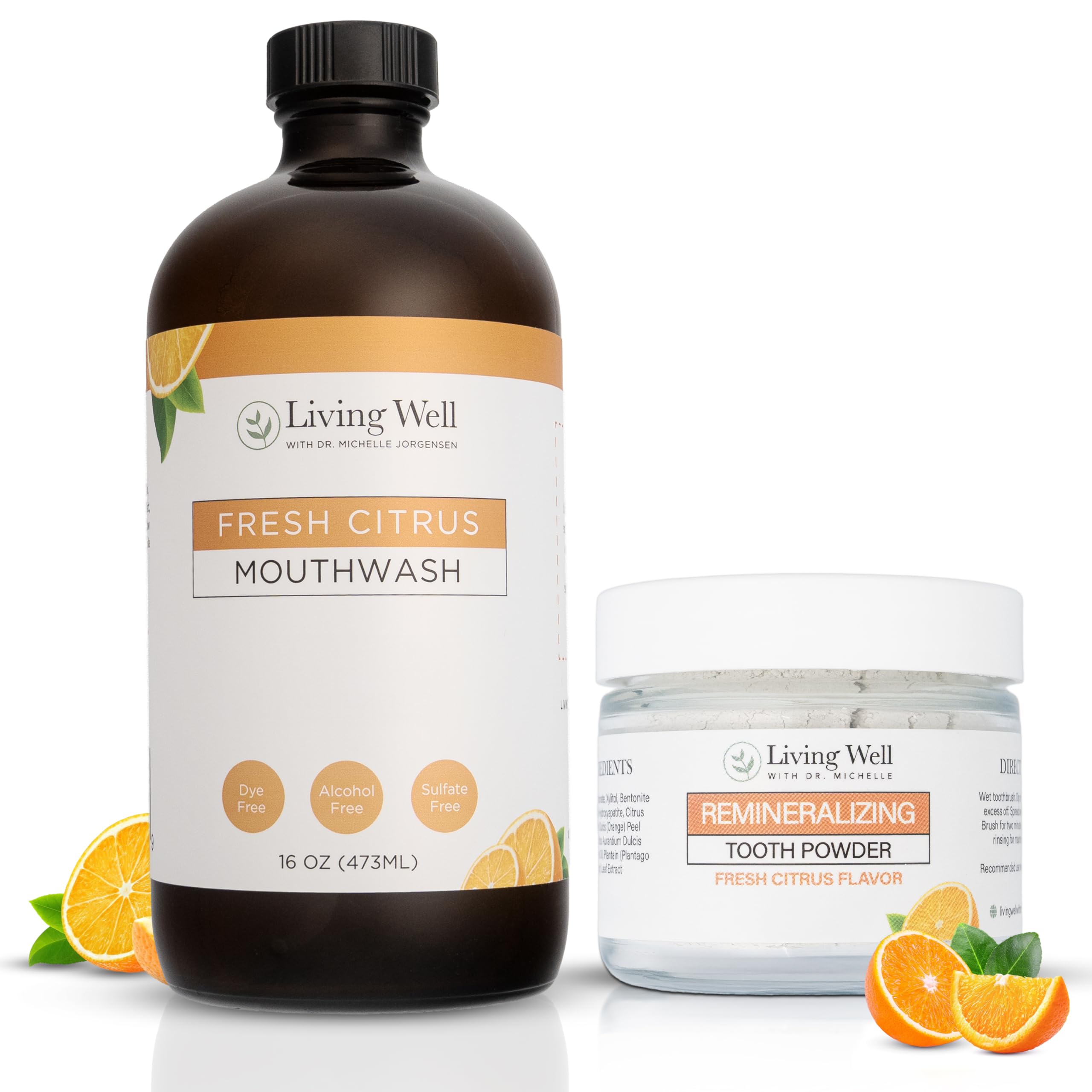 Fresh Citrus Tooth Powder and Mouthwash Bundle on a bathroom counter