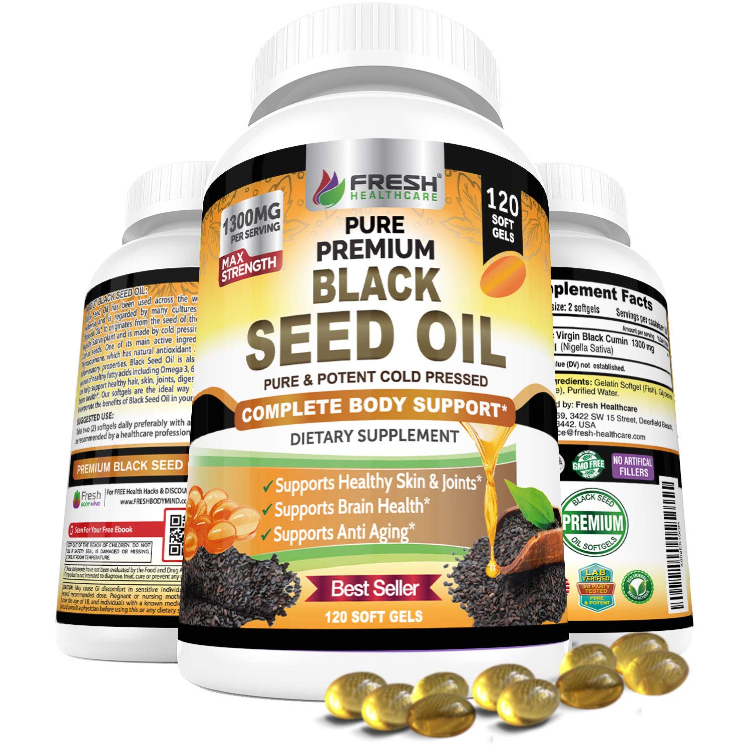 Fresh Healthcare Black Seed Oil Capsules bottle labeled 1300mg