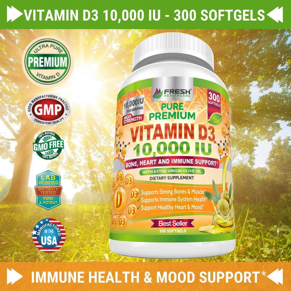 Close-up label on Fresh Healthcare Vitamin D3 10000 IU bottle