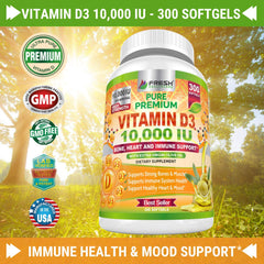 Close-up label on Fresh Healthcare Vitamin D3 10000 IU bottle
