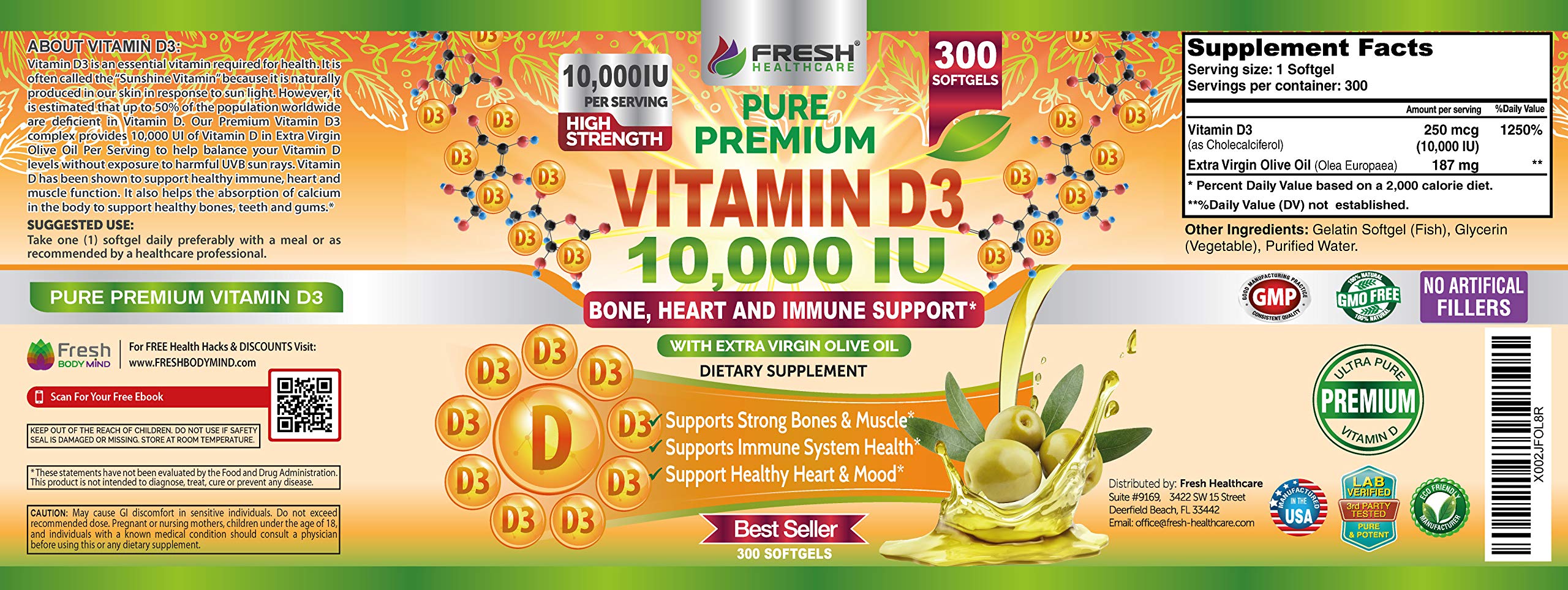 Packaging and box of Fresh Healthcare Vitamin D3 10000 IU