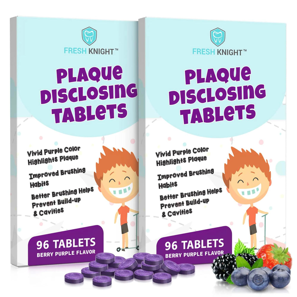 Two 96-count packs of Fresh Knight Tru-Clean Purple Chews plaque disclosing tablets.