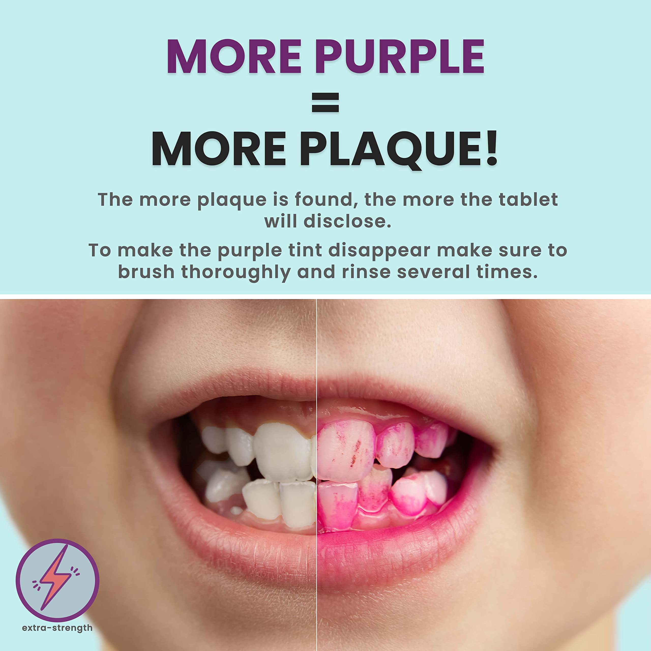 Close-up of Fresh Knight Tru-Clean Purple Chews plaque disclosing tablets.