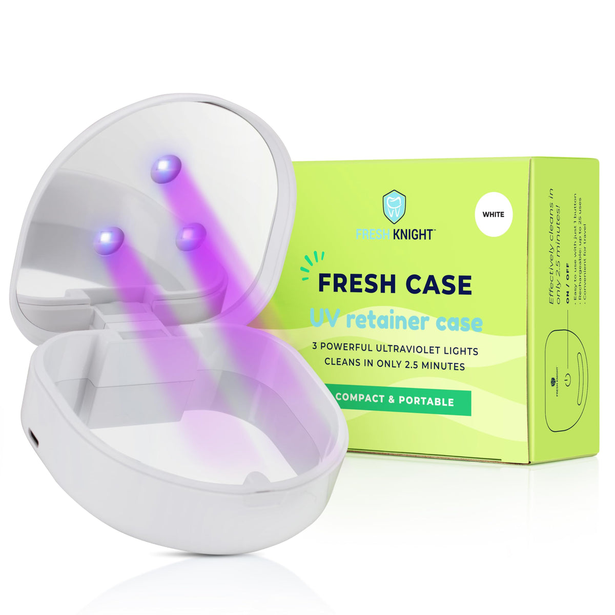 Fresh Knight UVC Retainer Cleaner case open with two retainers inside