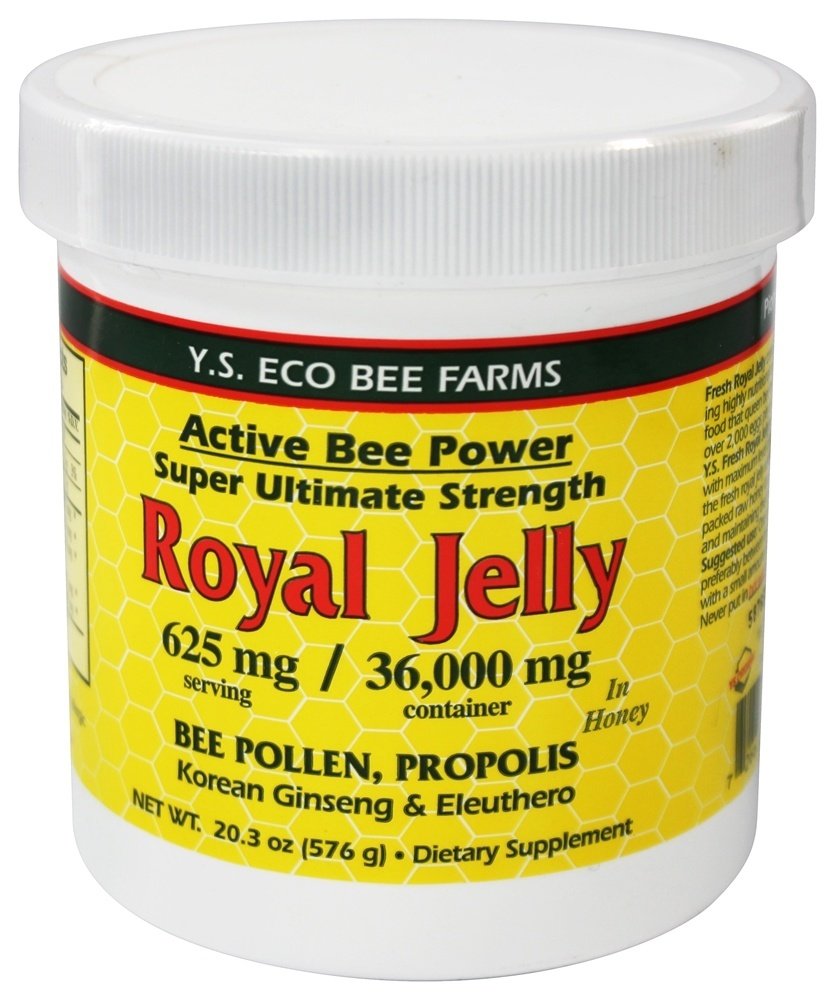 Front view bottle of Fresh Royal Jelly + Bee Pollen Propolis Ginseng Honey Mix by Y.S. Eco Bee Farms