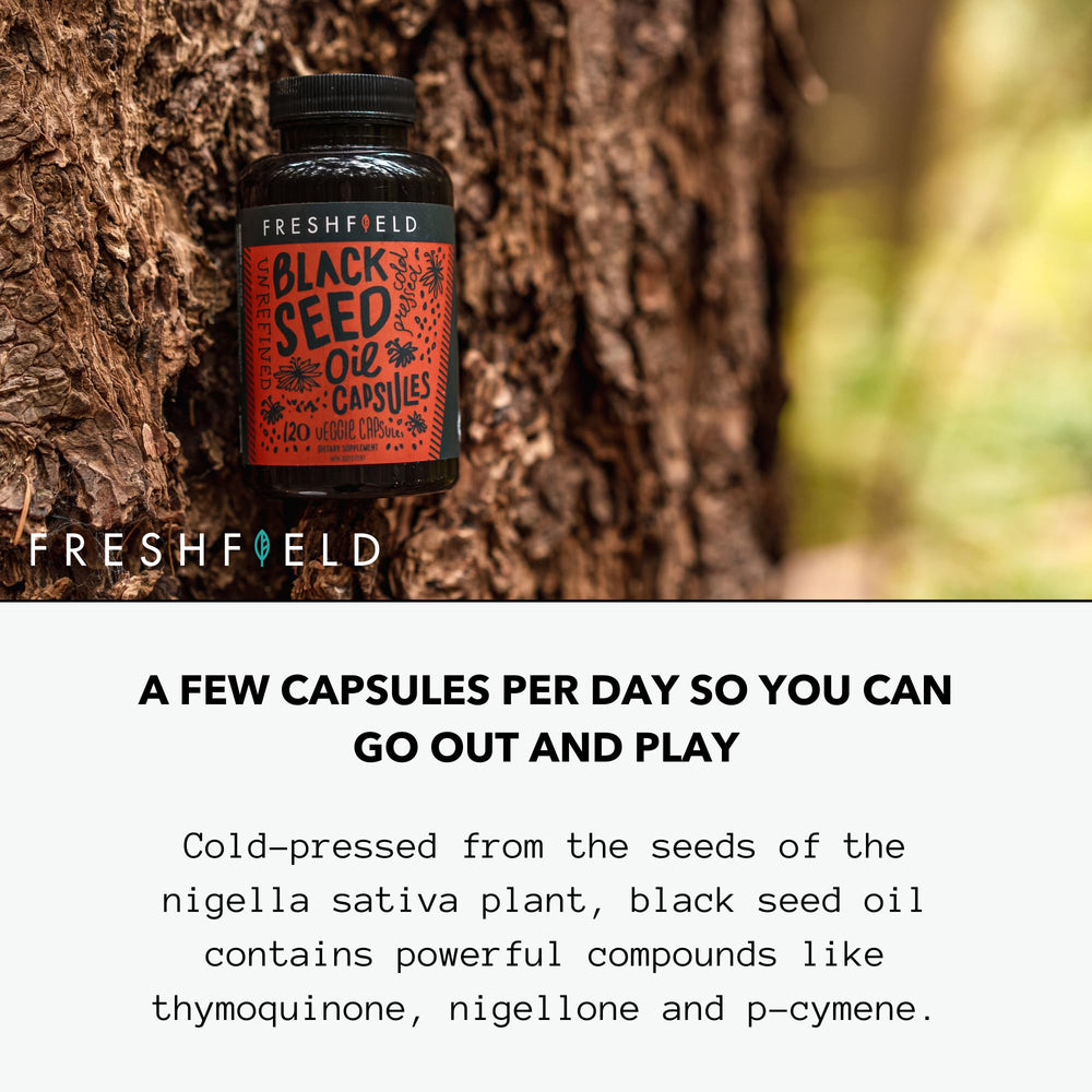 Close-up of Freshfield Black Seed Oil capsules