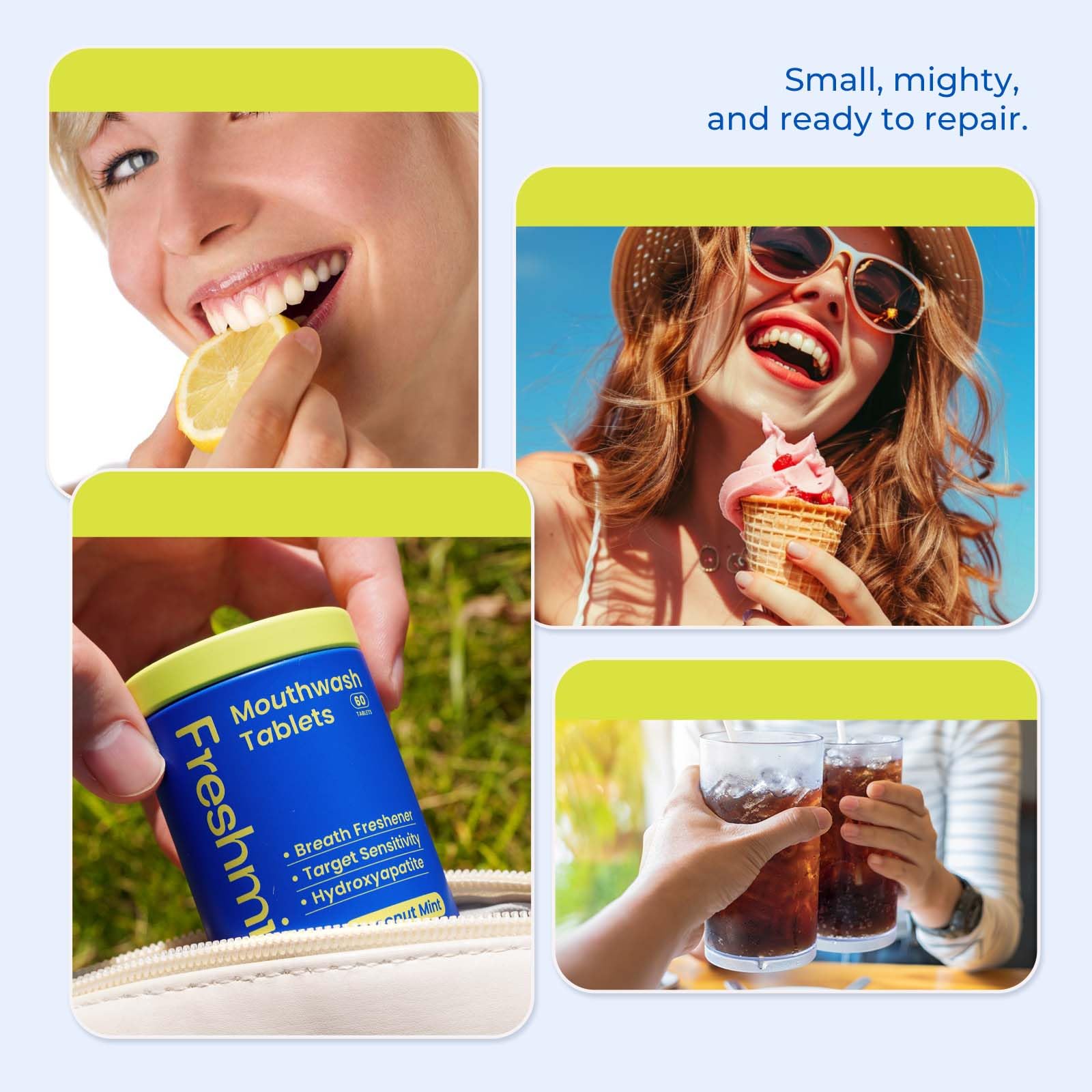 Freshmile travel packaging and 60-count bottle