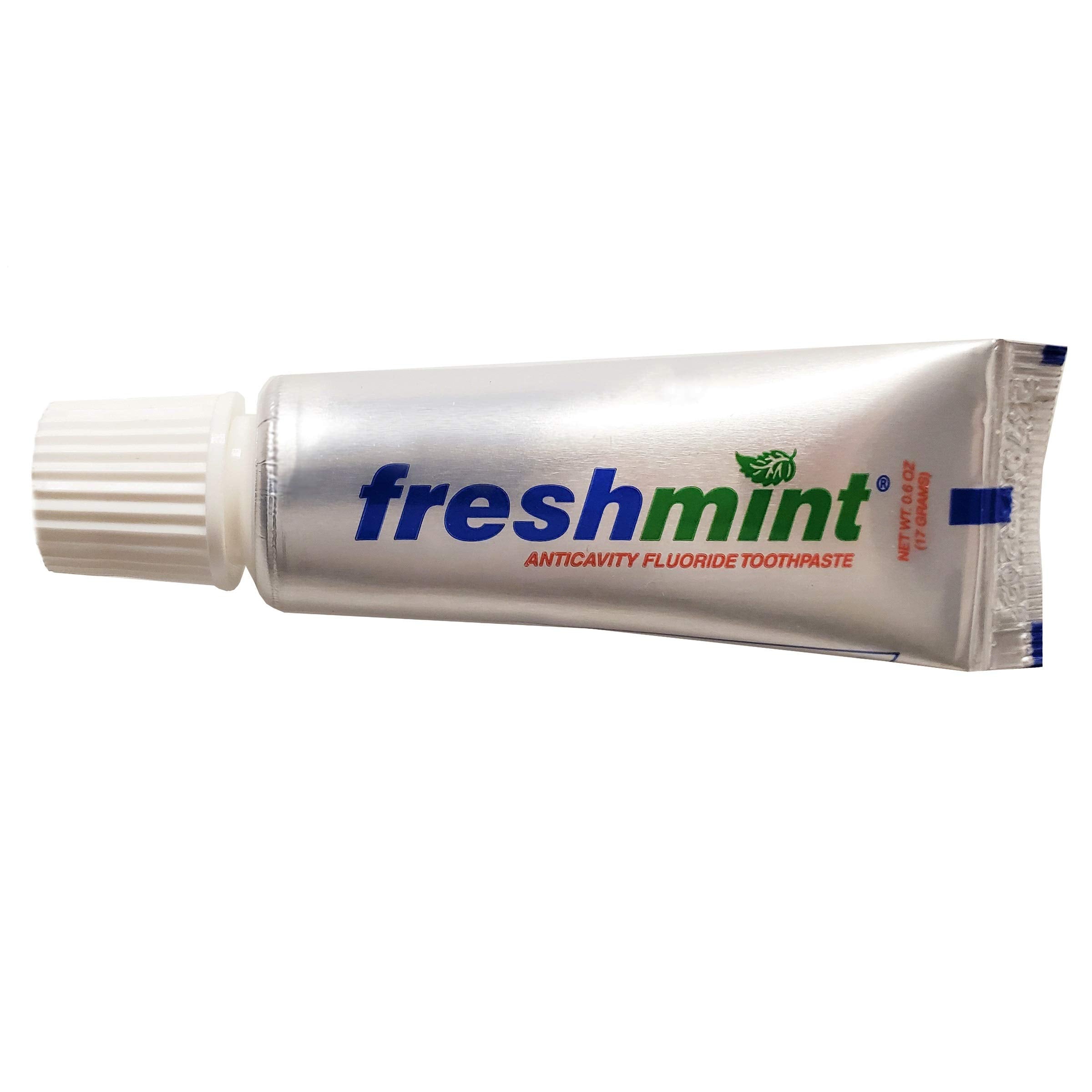 Freshmint 0.6 oz toothpaste metallic tube – 144 tubes pack front view