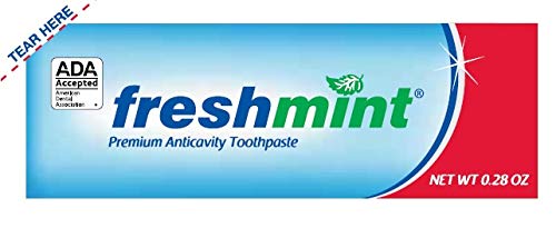 Single-use Freshmint toothpaste packets, 0.28 oz, light blue