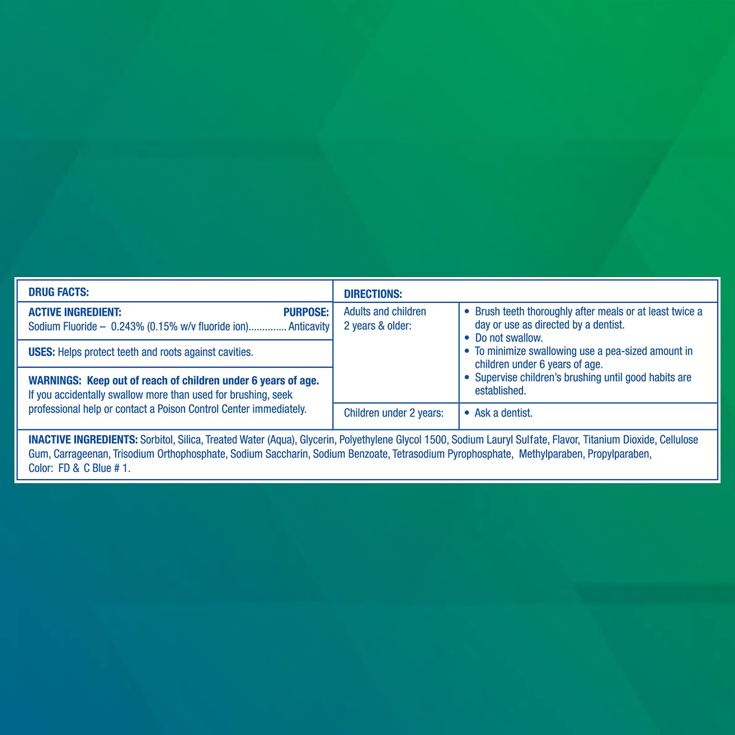 Close-up of Freshmint toothpaste with 0.243% Sodium Fluoride active ingredient
