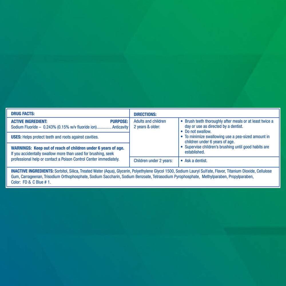 Close-up of Freshmint toothpaste with 0.243% Sodium Fluoride active ingredient