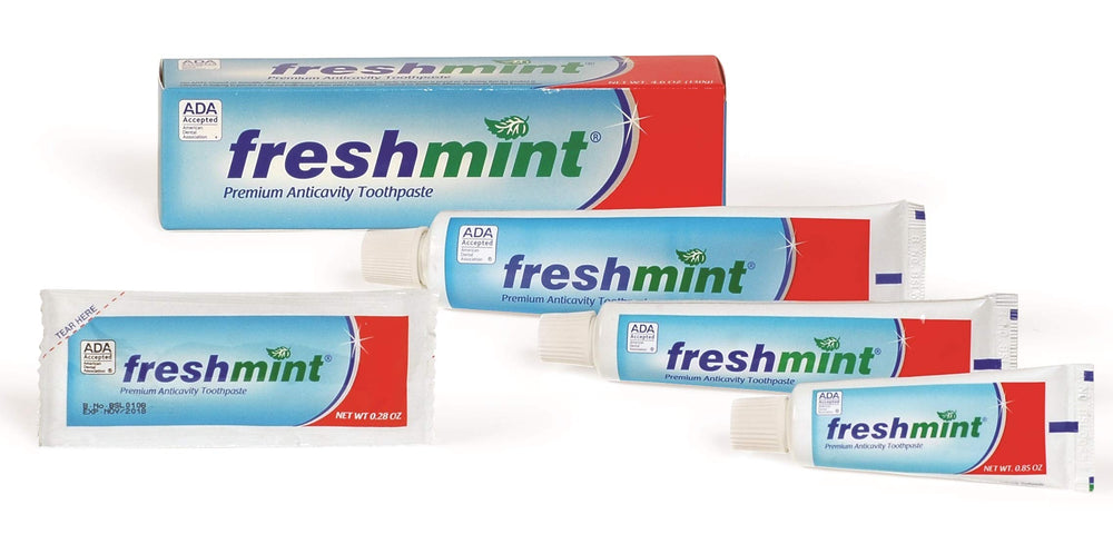 Freshmint toothpaste packets for hospitality use in hotels, offices, and gyms