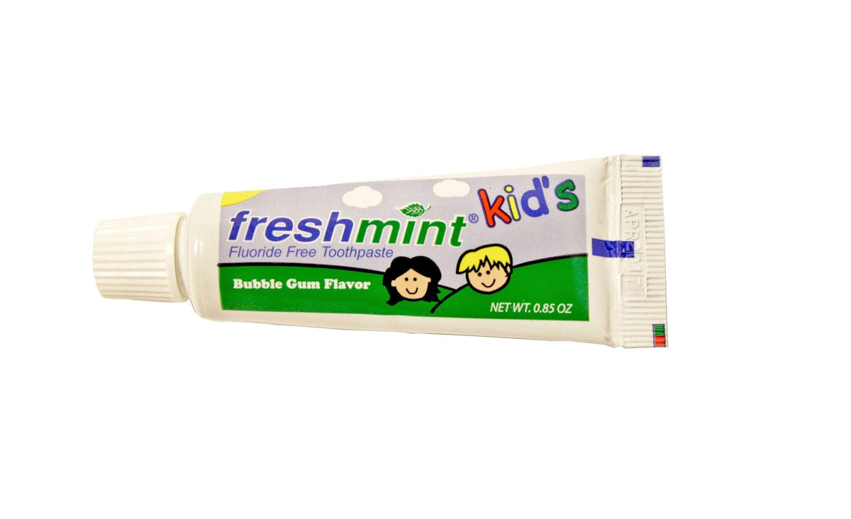 144-tube pack of Freshmint Kids Fluoride-Free Toothpaste bubble gum flavor