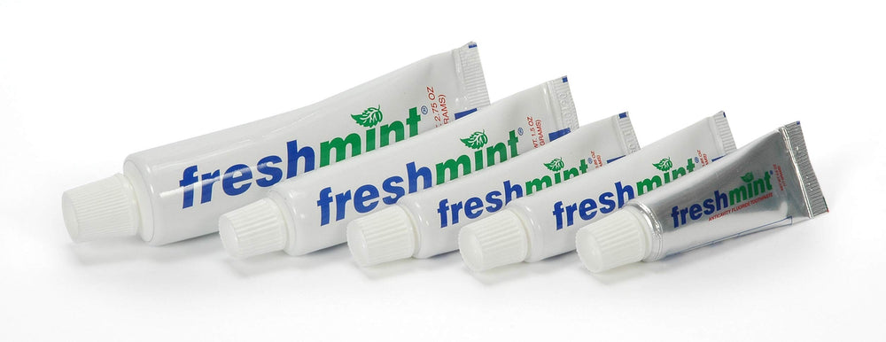 Travel-size Freshmint toothpaste tubes suitable for travel and donation
