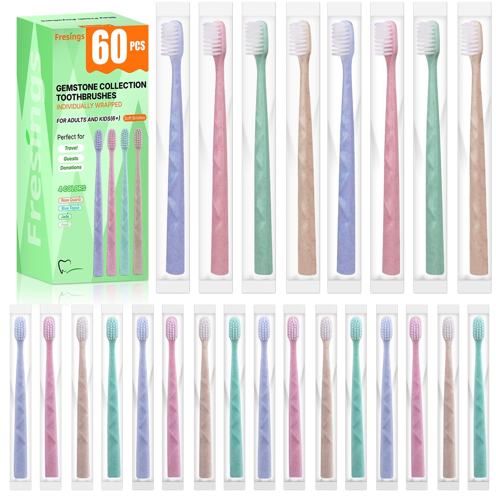 Fresings 60-pack premium disposable toothbrush with tongue scraper – Pearl White, individually wrapped