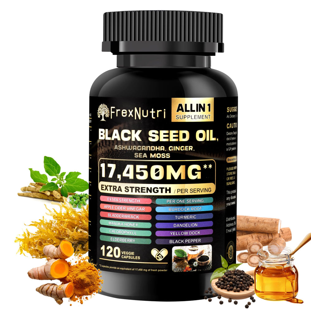 FrexNutri Sea Moss & Black Seed Oil supplement bottle with 120 capsules
