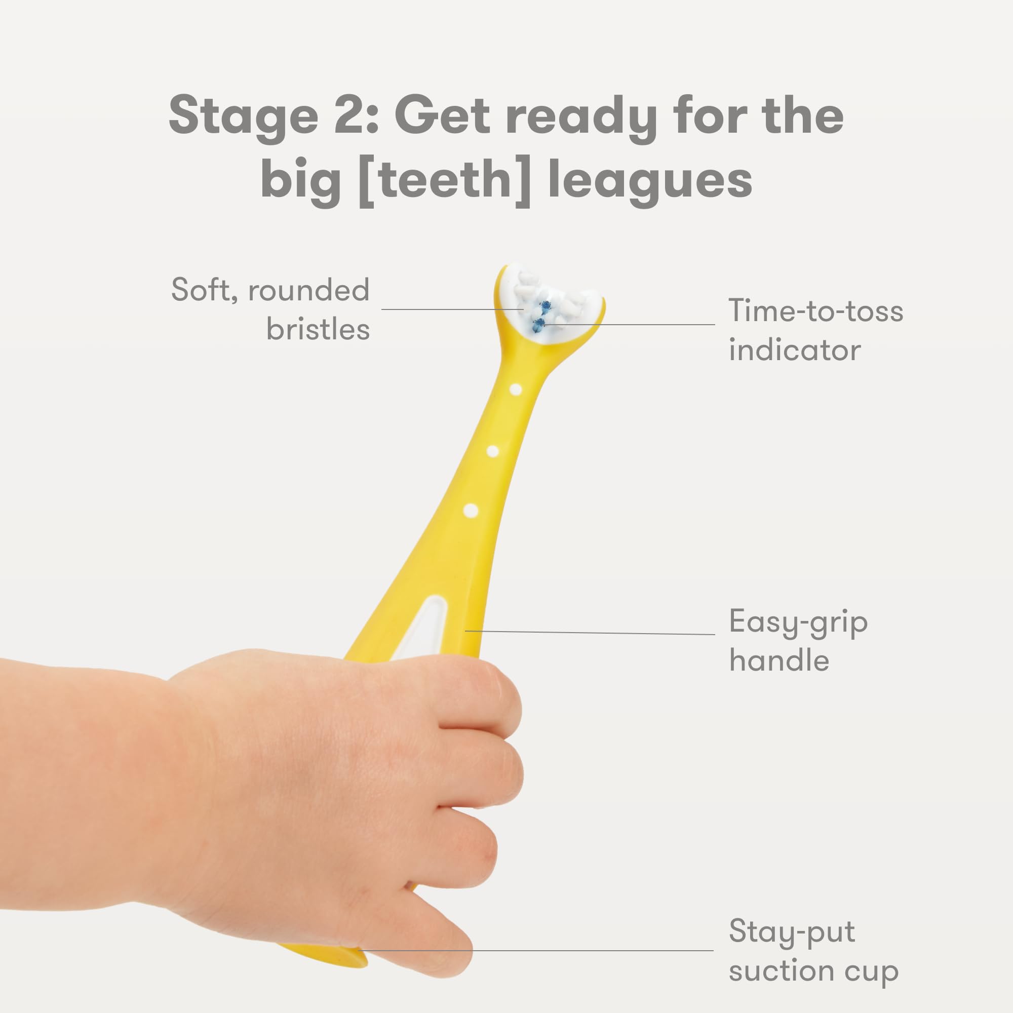 Blue-to-white color-change toss indicator on toddler toothbrush bristles