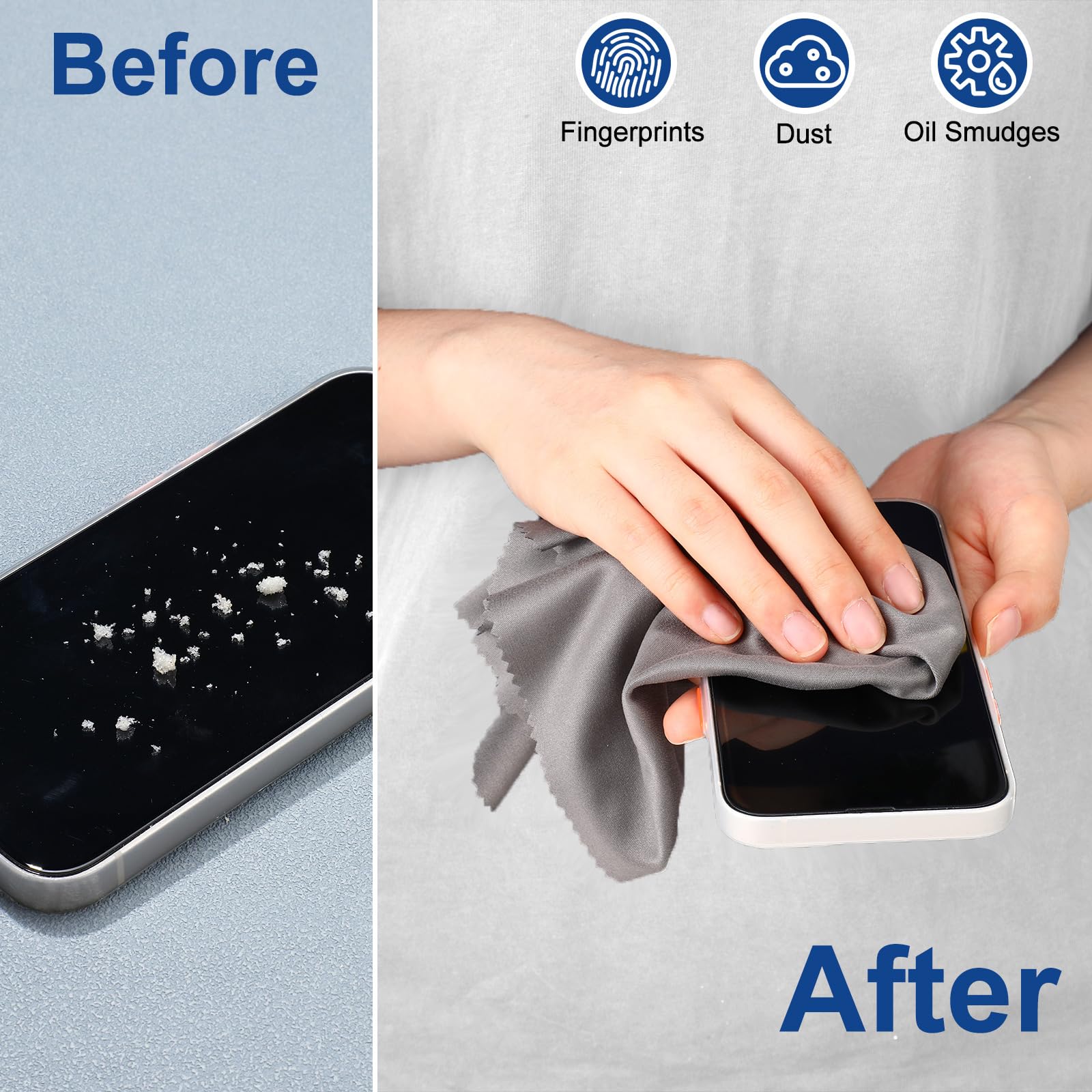 Glasses and camera lens being cleaned with microfiber cloth
