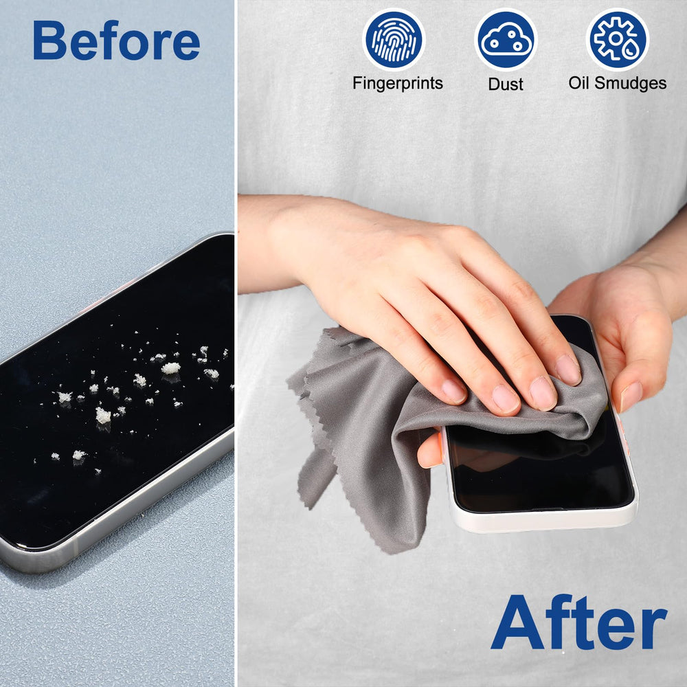 Glasses and camera lens being cleaned with microfiber cloth