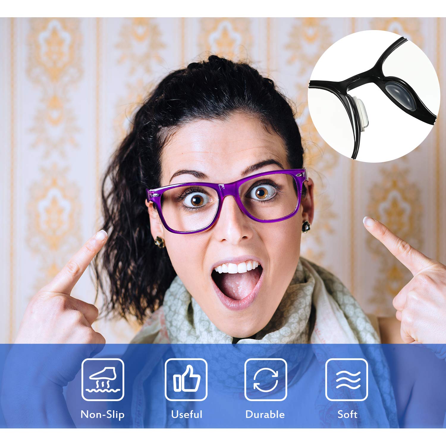 Adhesive nose pads applied to eyeglasses