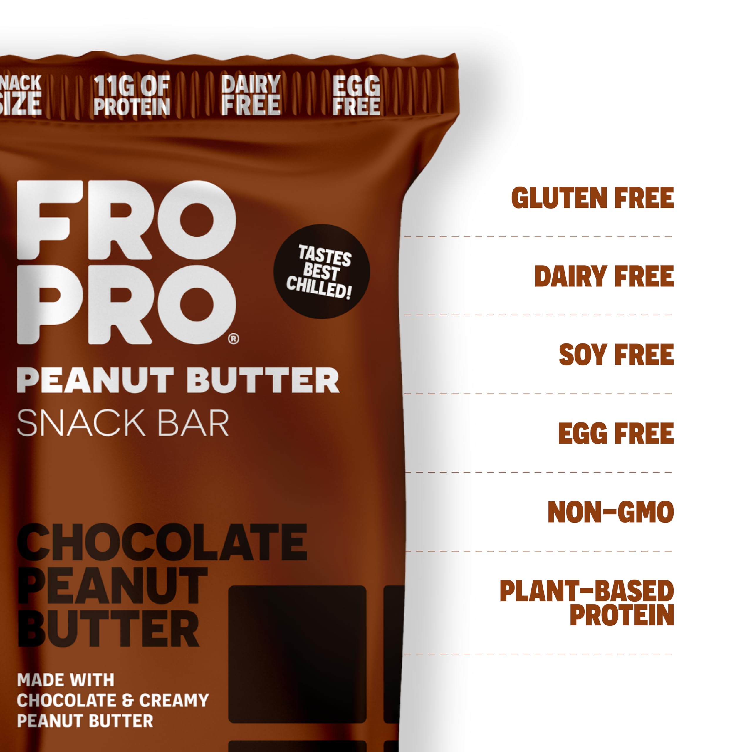 FRO PRO chocolate crunch bar close-up highlights creamy peanut butter and cacao.