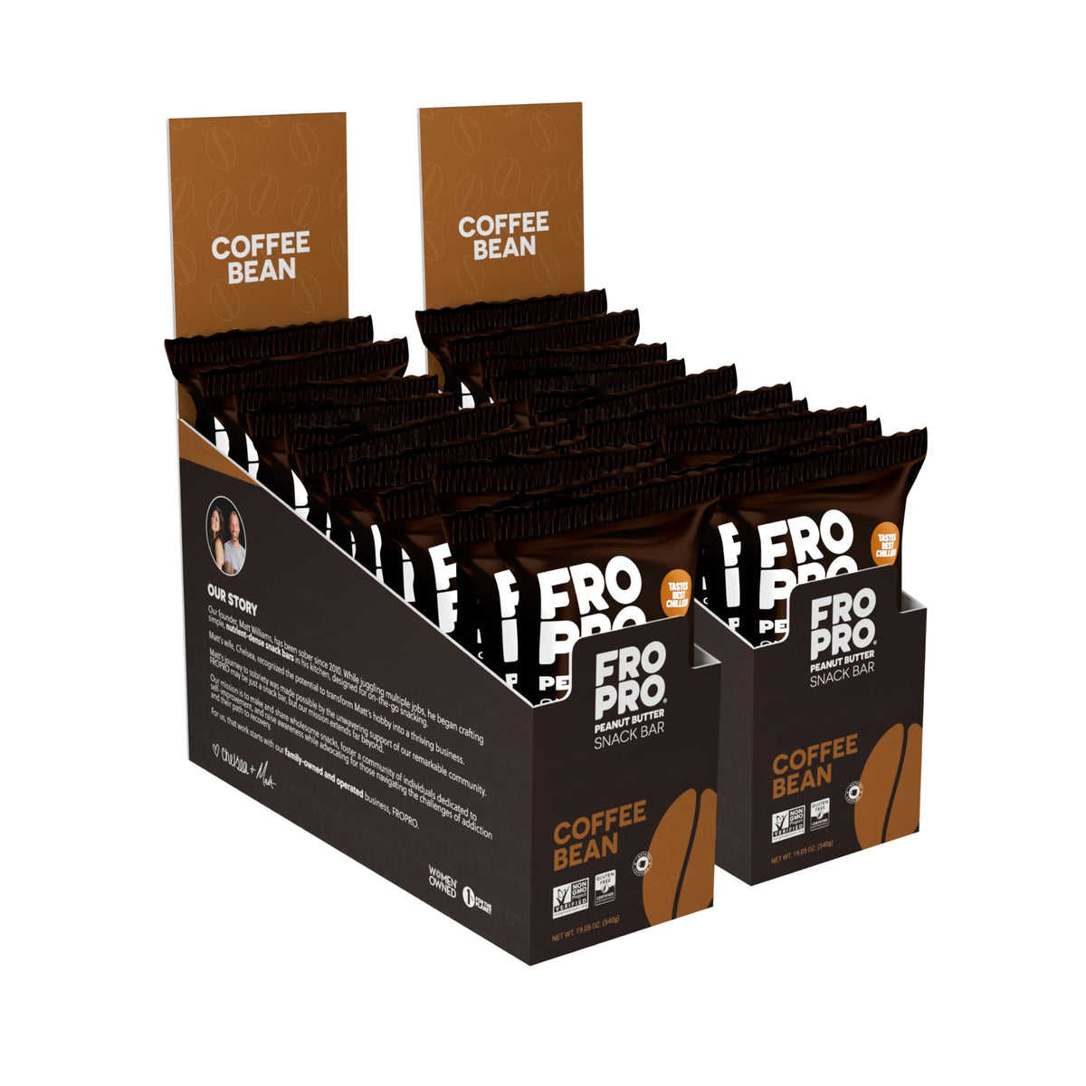 FRO PRO coffee peanut-butter bar front — portable high-protein snack for busy days