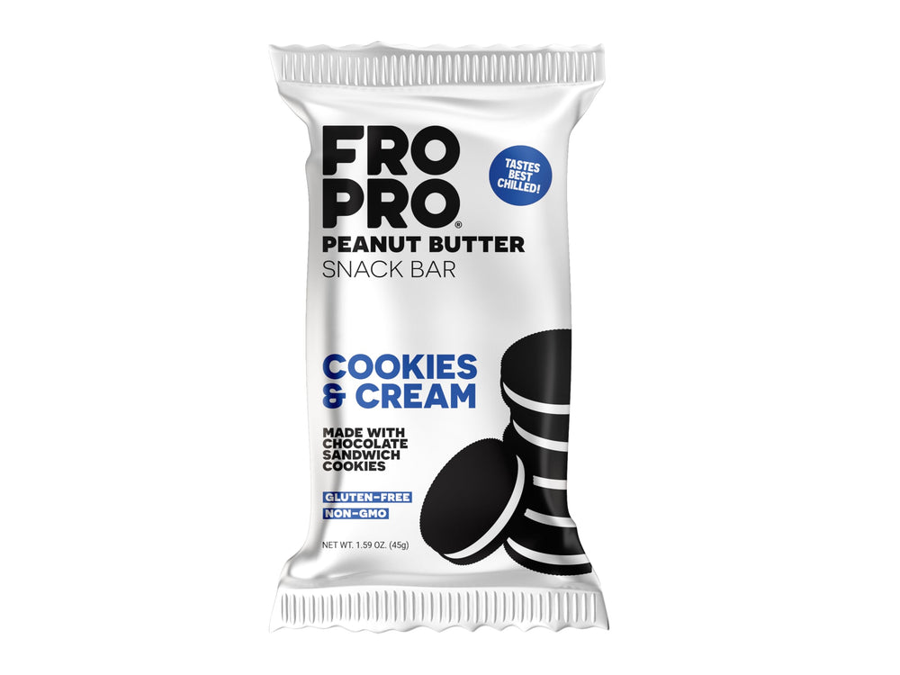 FRO PRO Cookies & Cream snack bar close-up shows creamy texture and protein-packed appeal.