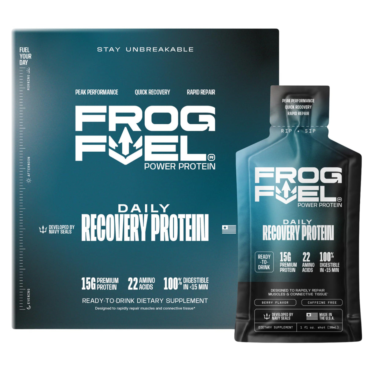 Front view of Frog Fuel Power Berry 1 oz protein shot in a 24-pack