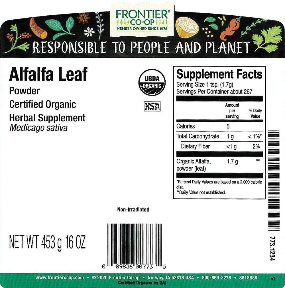 Frontier Co-op Alfalfa Leaf Powder 1 lb bulk - back/label view