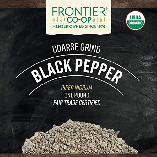 Frontier Co-op Black Pepper coarse grind grinder on counter for fresh tableside seasoning