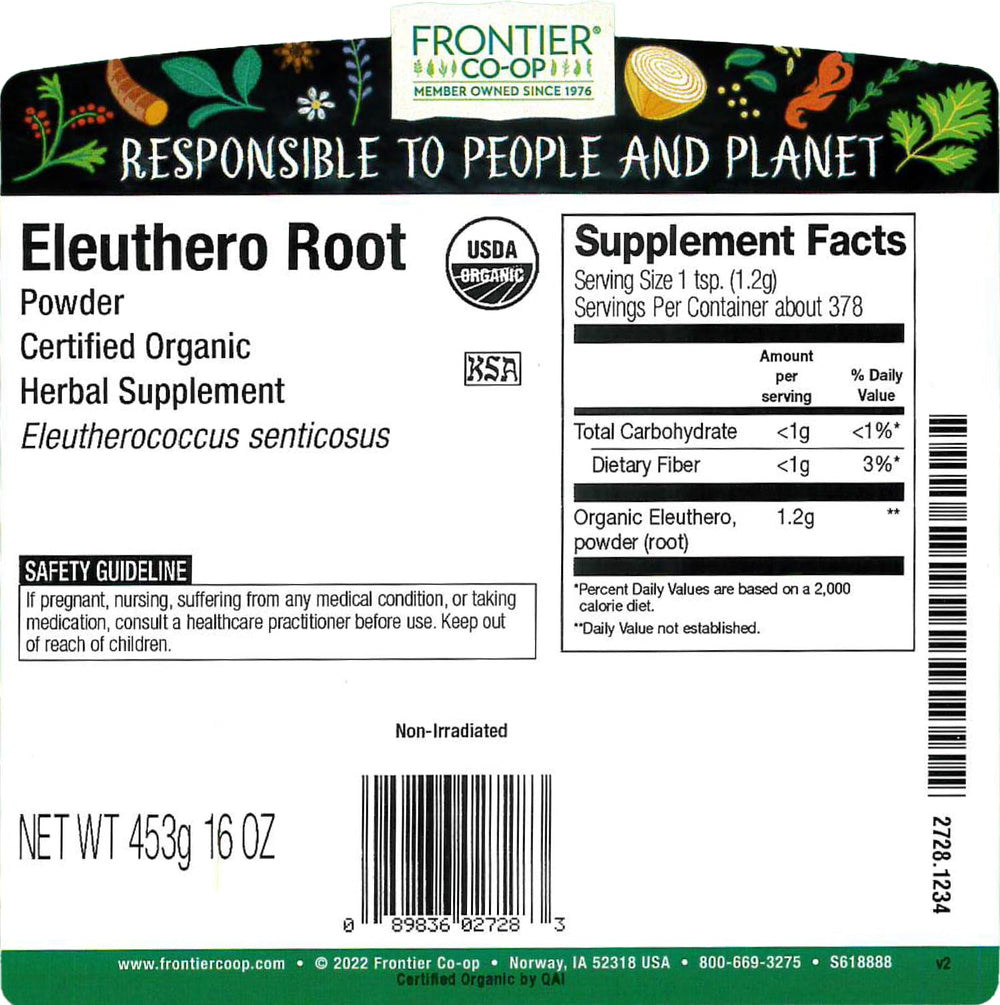 Certified Organic Eleuthero Root Powder certification label