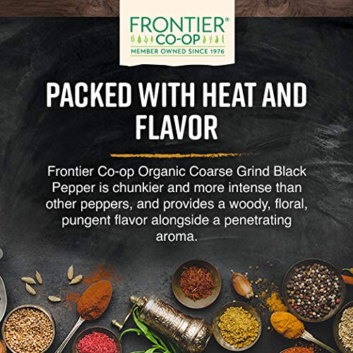 Frontier Co-op Organic Black Pepper coarse grind jar label highlights organic and Fair Trade