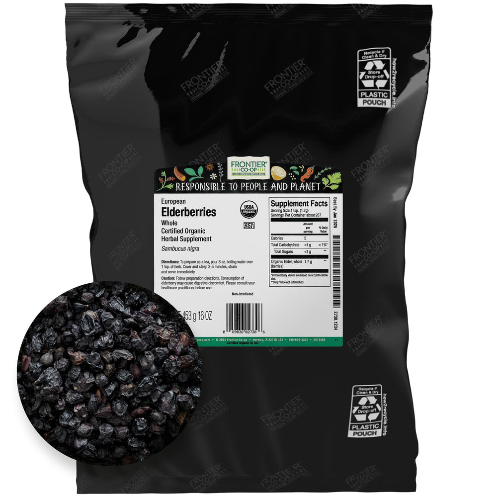 Frontier Co-op Organic Dried Elderberries 2lb bulk bag – front view