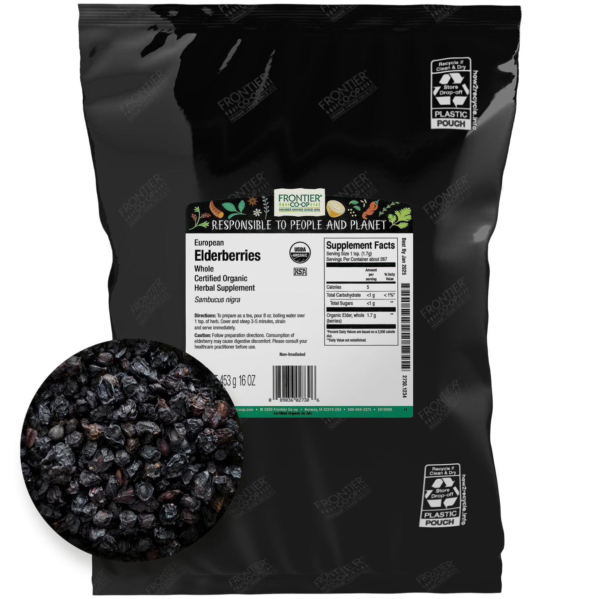 Frontier Co-op Organic Dried Elderberries 2lb bulk bag – front view