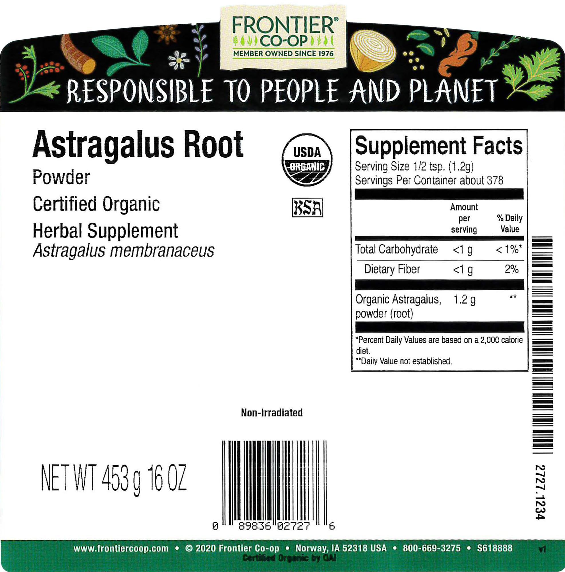 Frontier Co-op Organic Powder Astragalus Root 1lb - product label