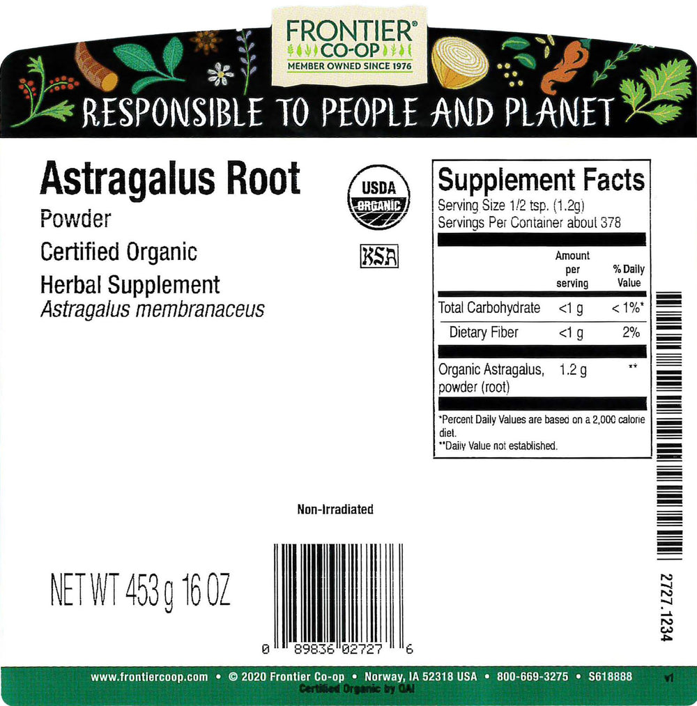 Frontier Co-op Organic Powder Astragalus Root 1lb - product label