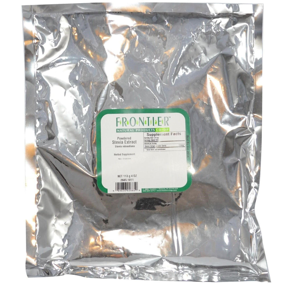 Bulk packaging of Frontier Co-op Stevia Extract Powder highlighting zero-calorie sweetness and sustainability